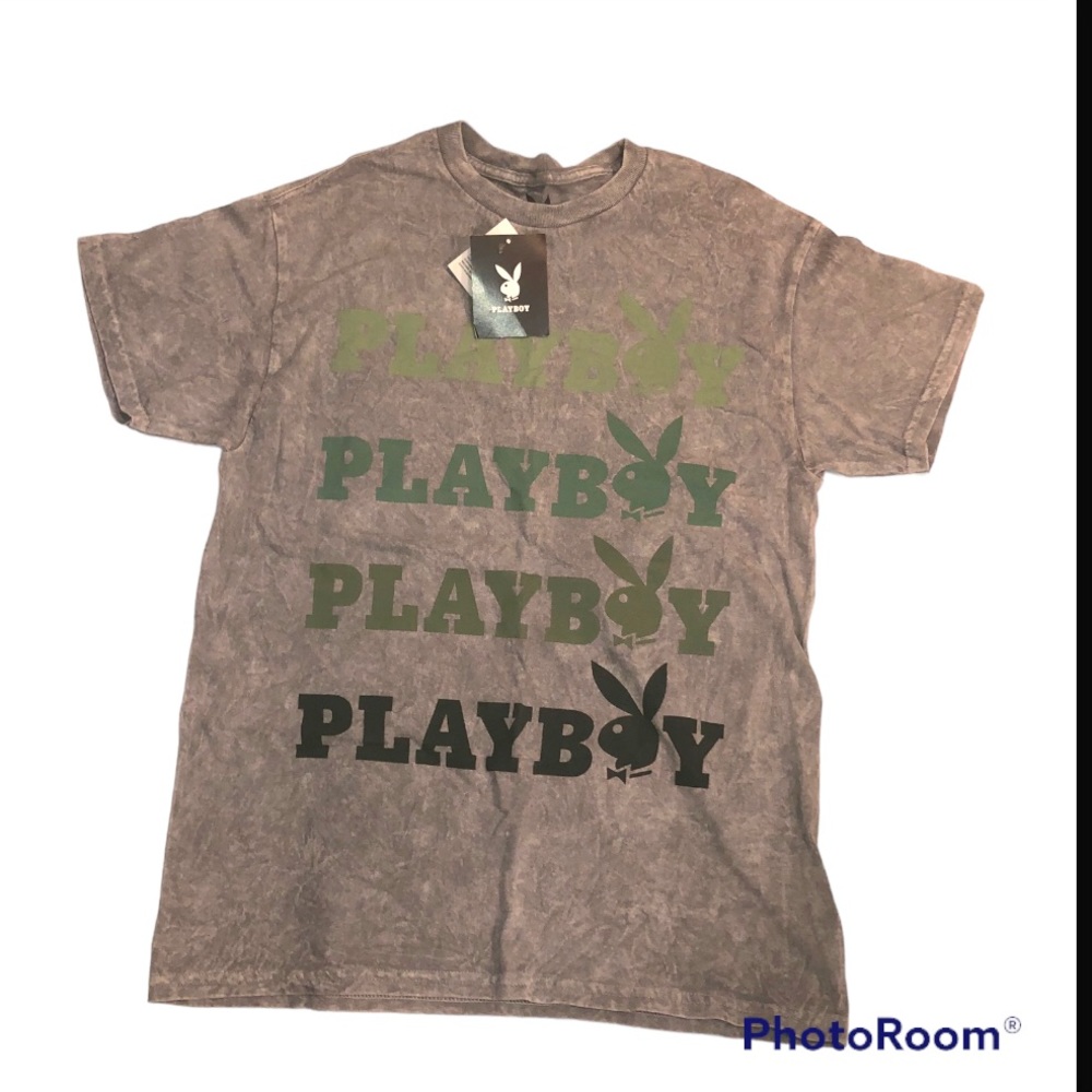 Playboy Men Graphic Multi Logo TShirt Grey/Green Short Sleeve Size M NWT